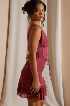 Oh Polly Women'S Clothing Sale - $65 And Under | Women'S Clothing Sale - $40 And Under^Asymmetric Corset Frill Mini Dress in Dark Mauve DarkMauve