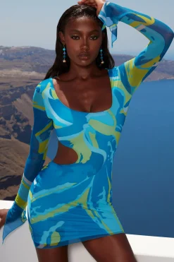 Oh Polly Women'S Clothing Sale - $65 And Under | Women'S Clothing Sale - $40 And Under^Asymmetric Long Sleeve Mini Dress in Print Blue
