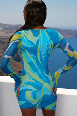 Oh Polly Women'S Clothing Sale - $65 And Under | Women'S Clothing Sale - $40 And Under^Asymmetric Long Sleeve Mini Dress in Print Blue