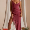 Oh Polly Wedding Guest | Georgette And Chiffon^Asymmetric Multi Strap Ruffle Detail Maxi Dress in Dark Mauve DarkMauve