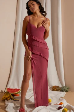 Oh Polly Wedding Guest | Georgette And Chiffon^Asymmetric Multi Strap Ruffle Detail Maxi Dress in Dark Mauve DarkMauve