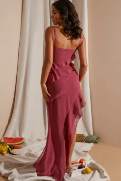 Oh Polly Wedding Guest | Georgette And Chiffon^Asymmetric Multi Strap Ruffle Detail Maxi Dress in Dark Mauve DarkMauve