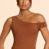 Oh Polly Co-Ords | Tops^Asymmetric Neck Ruched Modal Cashmere Blend Top in Chestnut Brown ChestnutBrown