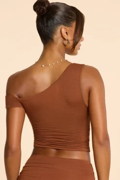 Oh Polly Co-Ords | Tops^Asymmetric Neck Ruched Modal Cashmere Blend Top in Chestnut Brown ChestnutBrown