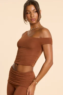 Oh Polly Co-Ords | Tops^Asymmetric Neck Ruched Modal Cashmere Blend Top in Chestnut Brown ChestnutBrown