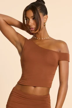 Oh Polly Co-Ords | Tops^Asymmetric Neck Ruched Modal Cashmere Blend Top in Chestnut Brown ChestnutBrown