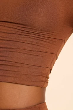 Oh Polly Co-Ords | Tops^Asymmetric Neck Ruched Modal Cashmere Blend Top in Chestnut Brown ChestnutBrown