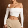 Oh Polly Tops^Asymmetric Off-Shoulder Draped Top in Vanilla
