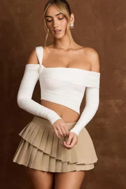 Oh Polly Tops^Asymmetric Off-Shoulder Draped Top in Vanilla