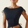 Oh Polly Co-Ords | Tops^Asymmetric Ruched Cowl-Back Crop Top in Black