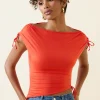 Oh Polly Tops^Asymmetric Ruched Cowl-Back Crop Top in Scarlet
