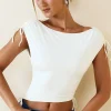 Oh Polly Co-Ords | Tops^Asymmetric Ruched Cowl-Back Crop Top in Vanilla