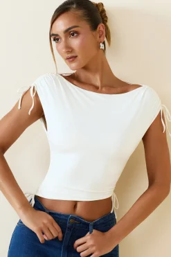 Oh Polly Co-Ords | Tops^Asymmetric Ruched Cowl-Back Crop Top in Vanilla