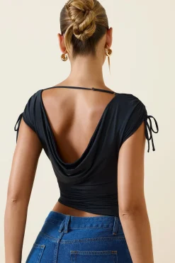 Oh Polly Co-Ords | Tops^Asymmetric Ruched Cowl-Back Crop Top in Black