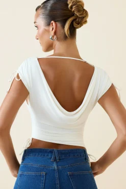 Oh Polly Co-Ords | Tops^Asymmetric Ruched Cowl-Back Crop Top in Vanilla