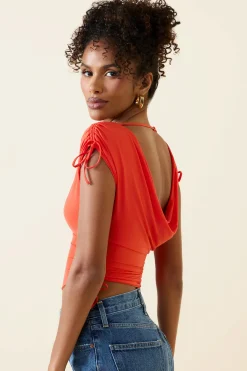 Oh Polly Tops^Asymmetric Ruched Cowl-Back Crop Top in Scarlet