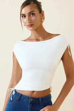 Oh Polly Co-Ords | Tops^Asymmetric Ruched Cowl-Back Crop Top in Vanilla