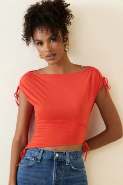 Oh Polly Tops^Asymmetric Ruched Cowl-Back Crop Top in Scarlet