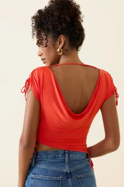 Oh Polly Tops^Asymmetric Ruched Cowl-Back Crop Top in Scarlet
