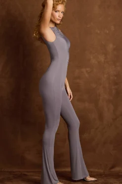 Oh Polly Jumpsuits & Unitards^Asymmetric Ruched Flared Jumpsuit in Steel Grey SteelGrey