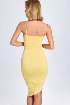Oh Polly Wedding Guest^Asymmetric Ruched Midi Dress in Pastel Yellow PastelYellow