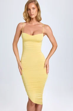 Oh Polly Wedding Guest^Asymmetric Ruched Midi Dress in Pastel Yellow PastelYellow