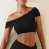 Oh Polly Co-Ords | Tops^Asymmetric Ruched Off-Shoulder Crop Top in Black