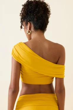 Oh Polly Co-Ords | Tops^Asymmetric Ruched Off-Shoulder Crop Top in Golden Yellow GoldenYellow