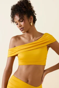 Oh Polly Co-Ords | Tops^Asymmetric Ruched Off-Shoulder Crop Top in Golden Yellow GoldenYellow