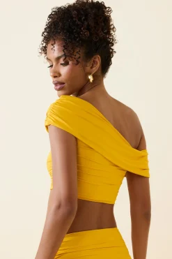 Oh Polly Co-Ords | Tops^Asymmetric Ruched Off-Shoulder Crop Top in Golden Yellow GoldenYellow
