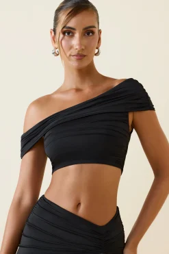 Oh Polly Co-Ords | Tops^Asymmetric Ruched Off-Shoulder Crop Top in Black