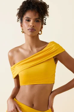 Oh Polly Co-Ords | Tops^Asymmetric Ruched Off-Shoulder Crop Top in Golden Yellow GoldenYellow