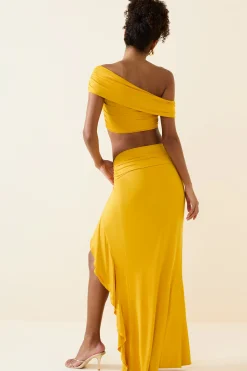 Oh Polly Bottoms | Co-Ords^Asymmetric Ruffled Low-Rise Maxi Skirt in Golden Yellow GoldenYellow