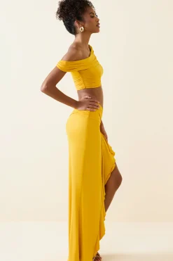 Oh Polly Bottoms | Co-Ords^Asymmetric Ruffled Low-Rise Maxi Skirt in Golden Yellow GoldenYellow