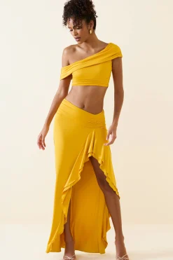 Oh Polly Bottoms | Co-Ords^Asymmetric Ruffled Low-Rise Maxi Skirt in Golden Yellow GoldenYellow
