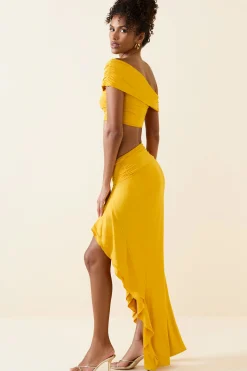 Oh Polly Bottoms | Co-Ords^Asymmetric Ruffled Low-Rise Maxi Skirt in Golden Yellow GoldenYellow