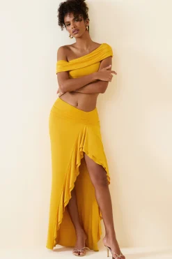 Oh Polly Bottoms | Co-Ords^Asymmetric Ruffled Low-Rise Maxi Skirt in Golden Yellow GoldenYellow