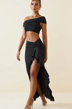 Oh Polly Skirts & Skorts | Bottoms^Asymmetric Ruffled Low-Rise Maxi Skirt in Black