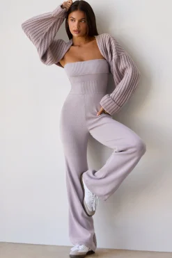 Oh Polly Knitwear^Bandeau Kick Flare Chunky Knit Jumpsuit in Dusty Lavender DustyLavender
