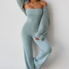 Oh Polly Knitwear^Bandeau Kick Flare Chunky Knit Jumpsuit in Dusty Teal DustyTeal