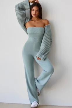 Oh Polly Knitwear^Bandeau Kick Flare Chunky Knit Jumpsuit in Dusty Teal DustyTeal