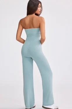 Oh Polly Knitwear^Bandeau Kick Flare Chunky Knit Jumpsuit in Dusty Teal DustyTeal