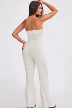 Oh Polly Knitwear^Bandeau Kick Flare Chunky Knit Jumpsuit in Cream