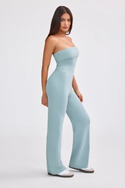 Oh Polly Knitwear^Bandeau Kick Flare Chunky Knit Jumpsuit in Dusty Teal DustyTeal