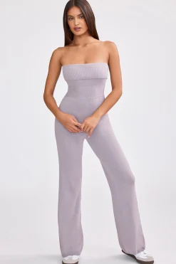 Oh Polly Knitwear^Bandeau Kick Flare Chunky Knit Jumpsuit in Dusty Lavender DustyLavender