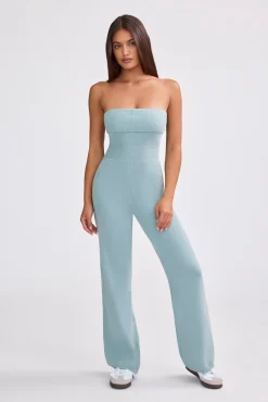 Oh Polly Knitwear^Bandeau Kick Flare Chunky Knit Jumpsuit in Dusty Teal DustyTeal