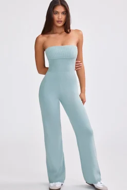 Oh Polly Knitwear^Bandeau Kick Flare Chunky Knit Jumpsuit in Dusty Teal DustyTeal