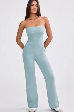 Oh Polly Knitwear^Bandeau Kick Flare Chunky Knit Jumpsuit in Dusty Teal DustyTeal