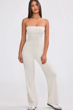 Oh Polly Knitwear^Bandeau Kick Flare Chunky Knit Jumpsuit in Cream