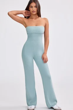 Oh Polly Knitwear^Bandeau Kick Flare Chunky Knit Jumpsuit in Dusty Teal DustyTeal